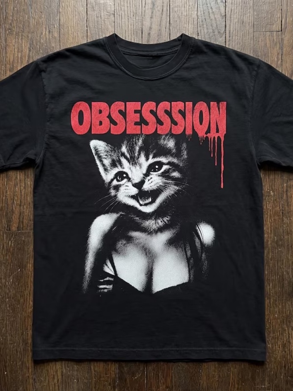 Gildan Black Tee with Red "OBSESSSION" Cat Graphic